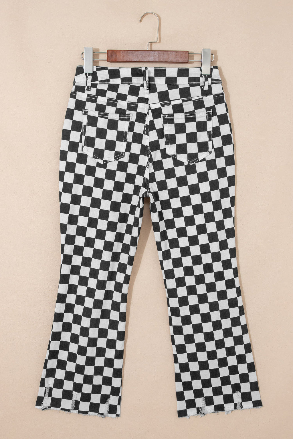 Checker Distressed Raw Edge Cropped Jeans