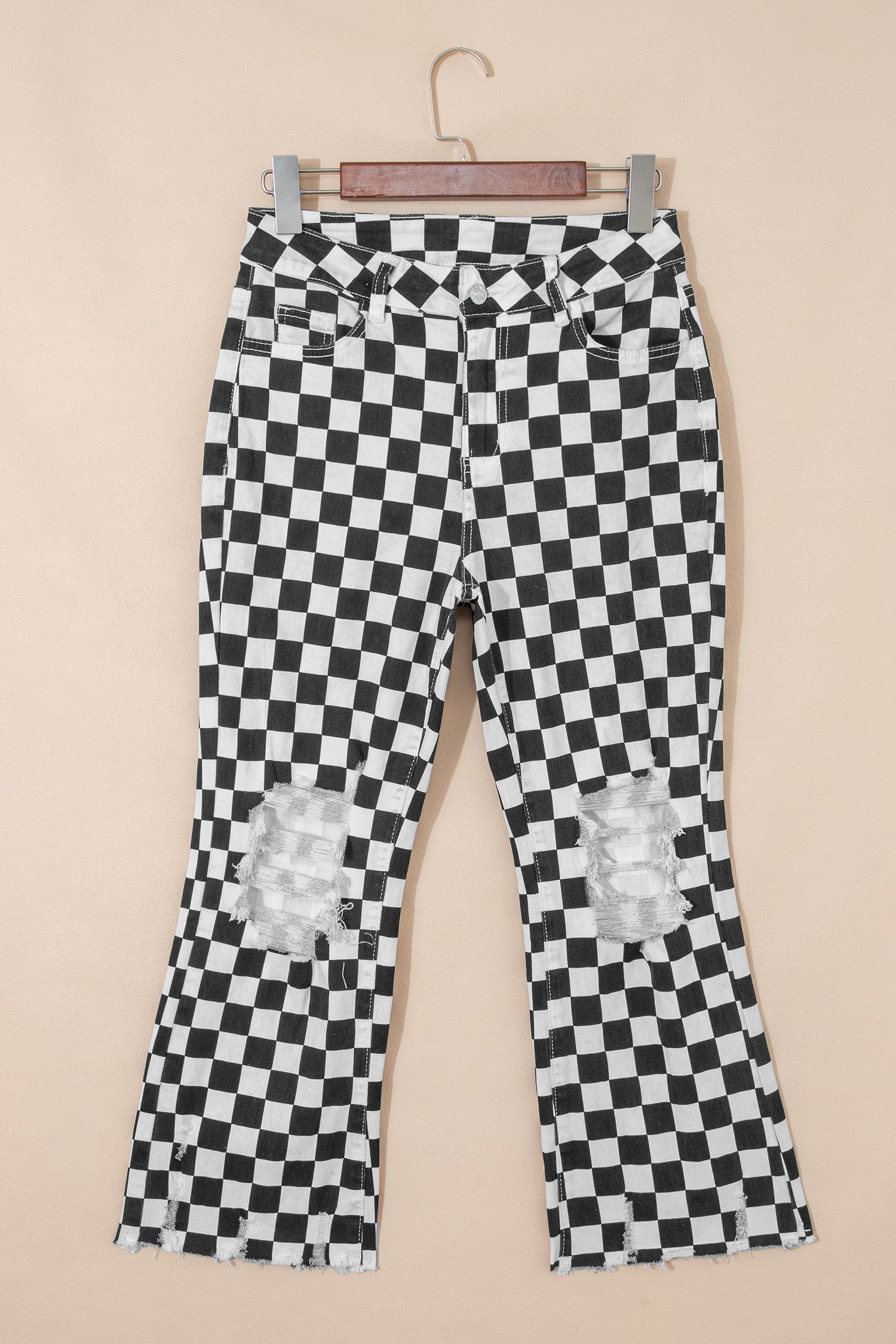 Checker Distressed Raw Edge Cropped Jeans