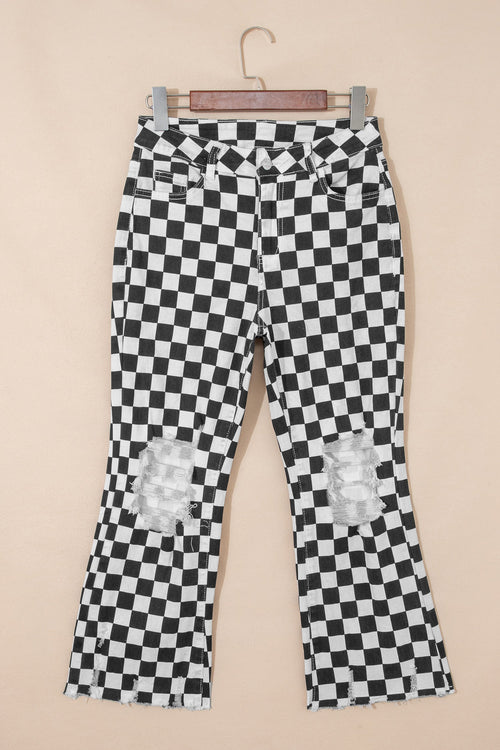 Checker Distressed Raw Edge Cropped Jeans